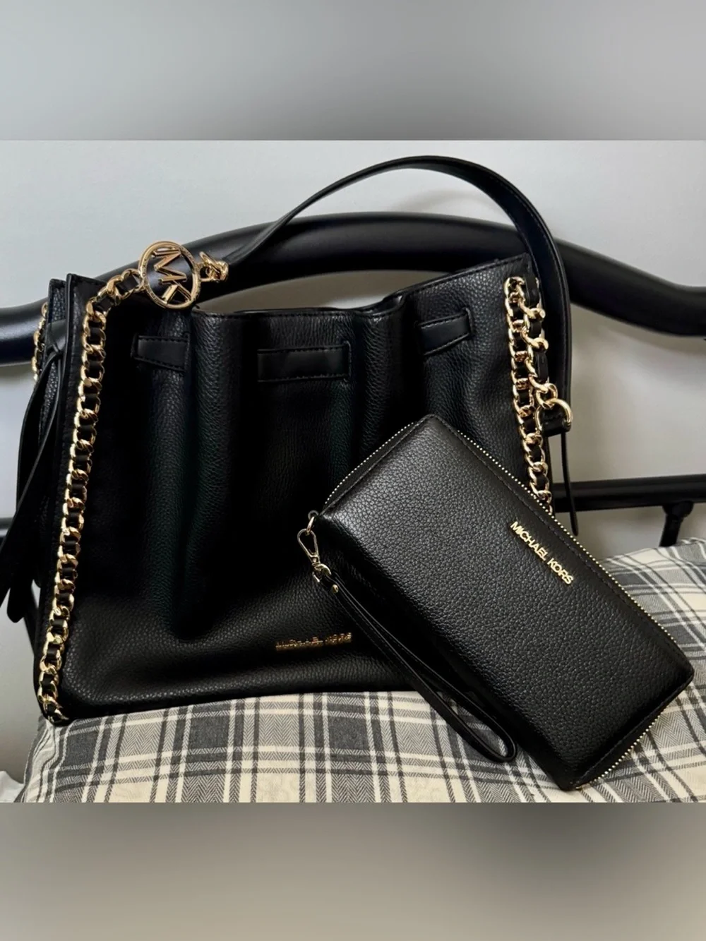 Michael Kors Black Leather Chain-Handle Tote with Wristlet Wallet